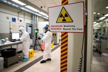 A laboratory scene showing workers in protective gear near a radiation warning sign, highlighting safety protocols in a controlled environment.