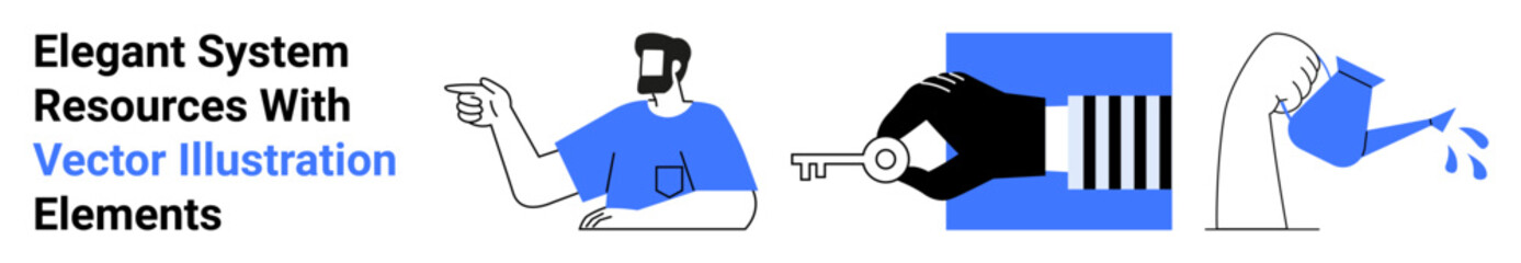 Person pointing, hand holding key, arm pouring water. Ideal for teamwork, resources, decision-making, access, communication, allocation and flat landing page banner