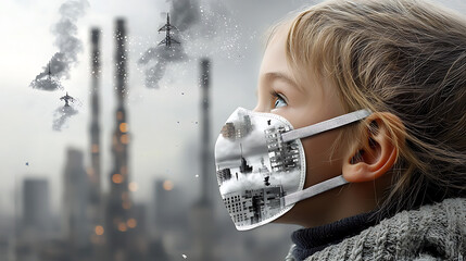 Child in mask faces pollution crisis urban cityscape digital art surreal environment close-up environmental awareness