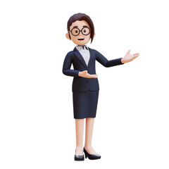 A woman in a suit and glasses is holding her hands out in a gesture of welcoming