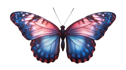 Obraz premium Butterfly Wings Display: An intricately detailed butterfly with vibrant blue and pink wings, showcasing the delicate patterns and beauty of nature, captured in a studio setting.