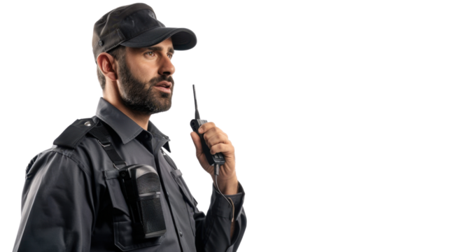 Security guard using walkie talkie on transparent background - Powered by Adobe