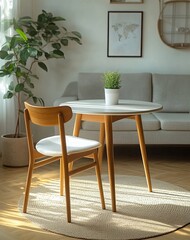 A cozy living space with a table and a chair, plants in pot 