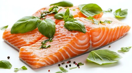 Fresh salmon fillet with basil on the white