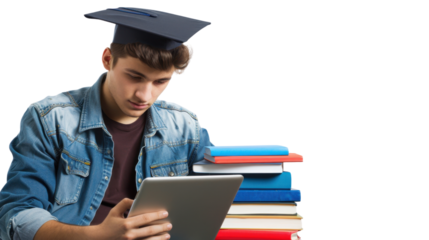 Graduate student using digital tablet with books on transparent background