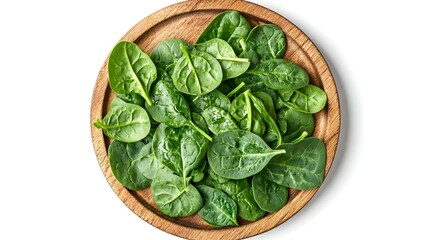Fresh spinach leaves on wooden plate