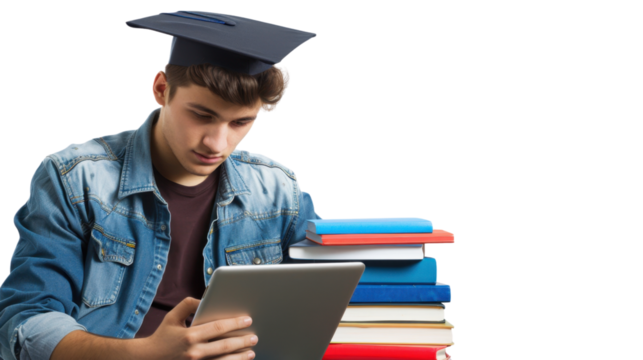 Graduate student using digital tablet with books on transparent background