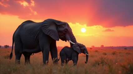 Fototapeta premium African elephants silhouetted against a vibrant sunset, a mother tenderly protecting her young calf in the golden savanna grasslands.