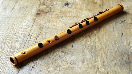 Naklejka premium Wooden Flute on Rustic Wooden Surface A High-Resolution Image of a Musical Instrument.