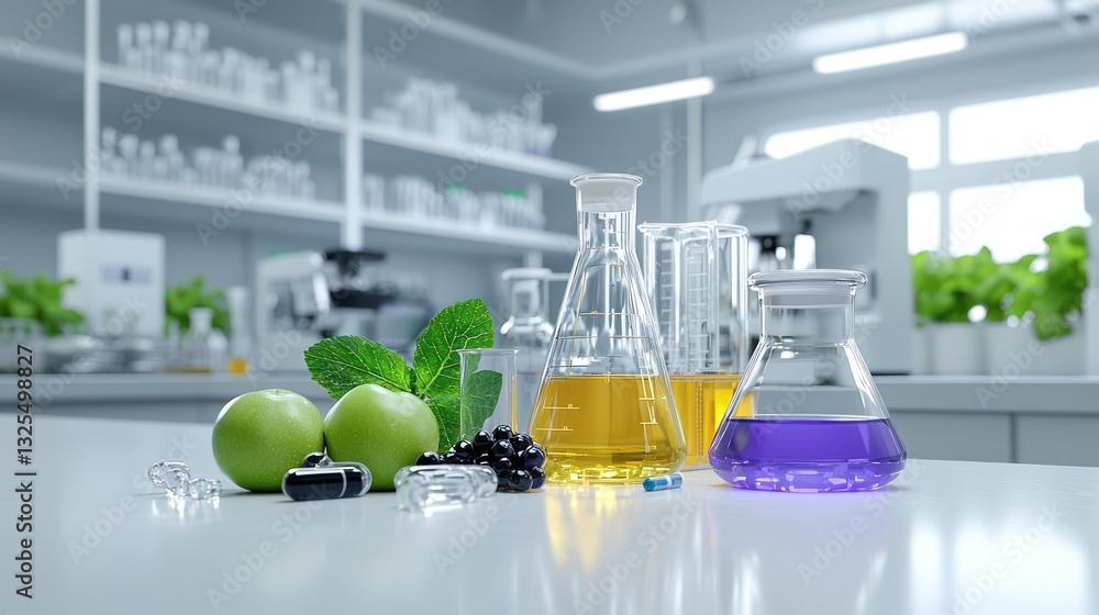 Aufkleber innovation in the lab: an array of colorful liquids and glassware rests on a lab table alongside fre