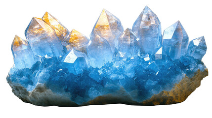 Obraz premium Crystalline Formation: This image displays a cluster of radiant blue crystals, captivating with their geometric precision and ethereal beauty. The intricate facets of the crystals reflect light.