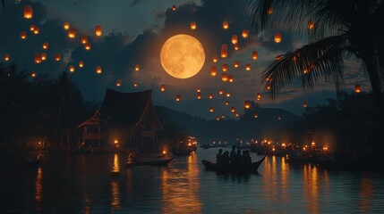 Obraz premium Floating lanterns on river at night, full moon, tropical village