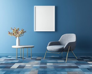 Blue room interior with armchair, table, flowers, and blank frame.