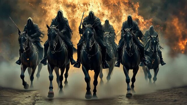 Galloping horsemen through fiery inferno in dramatic chase scene