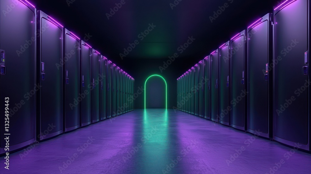 Poster server room corridor: an elongated view showcases a server room corridor, illuminated by futuristic 