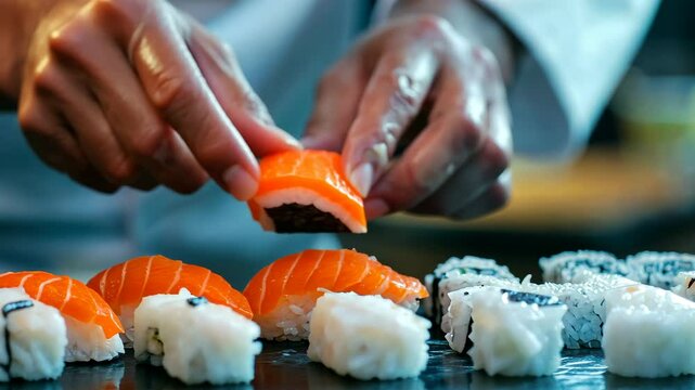 Master chef skillfully prepares fresh salmon sushi with precision and care