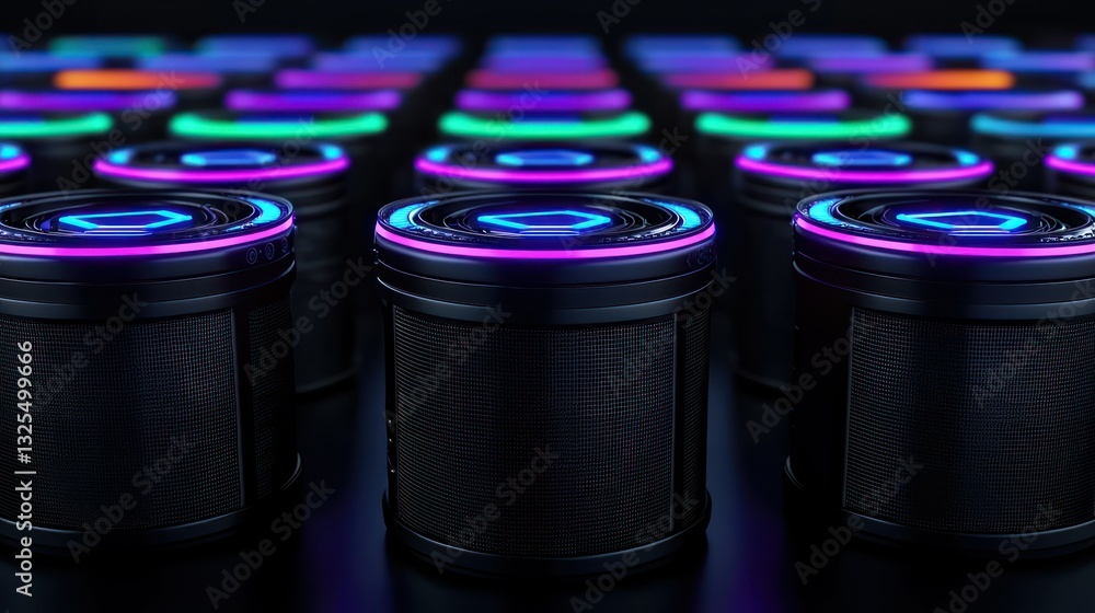 Poster cybernetic grid: an array of sleek, cylindrical devices, each emitting a vibrant, multicolored halo 
