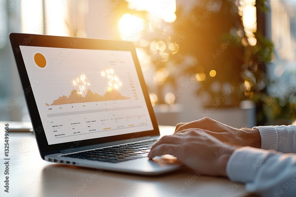 Poster a person using a laptop with a graph on the screen during sunset.