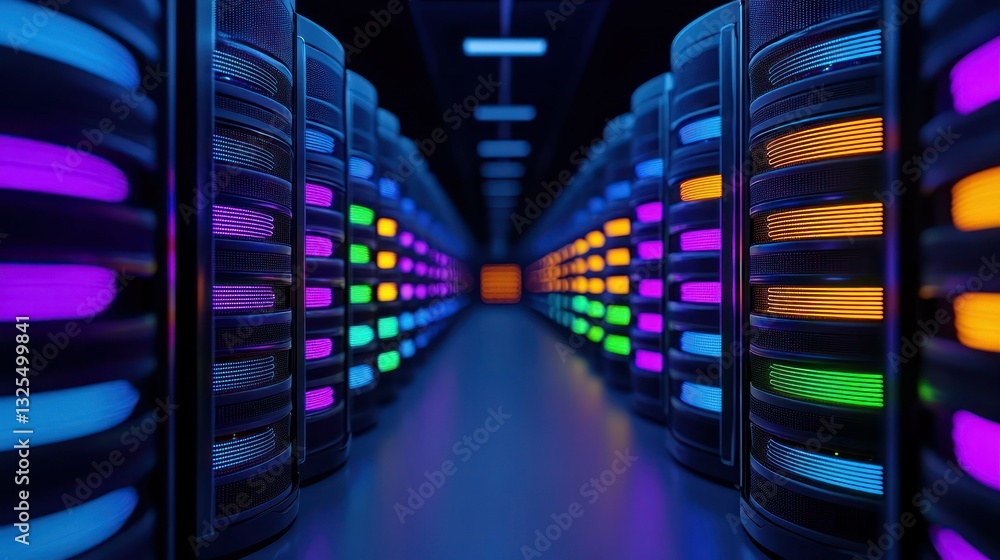 Poster digital fortress: a modern data center, showcasing rows of server racks with vibrant, glowing lights