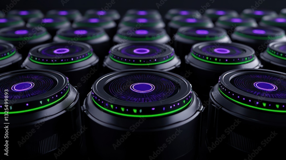 Poster futuristic battery array: a sleek and modern array of cylindrical batteries with glowing green and p
