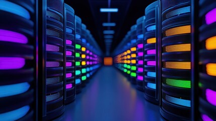 Digital Fortress: A modern data center, showcasing rows of server racks with vibrant, glowing lights, suggesting a hub of digital activity and information processing.