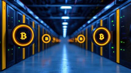 Bitcoin Data Center: A futuristic data center, symbolized by illuminated Bitcoin logos, represents the cutting-edge realm of cryptocurrency and blockchain technology.