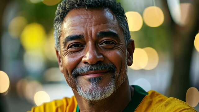 Smiling man in outdoor urban setting with bokeh lights