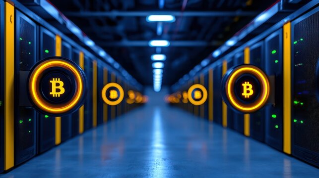 Bitcoin Data Center: A futuristic data center, symbolized by illuminated Bitcoin logos, represents the cutting-edge realm of cryptocurrency and blockchain technology. - Powered by Adobe