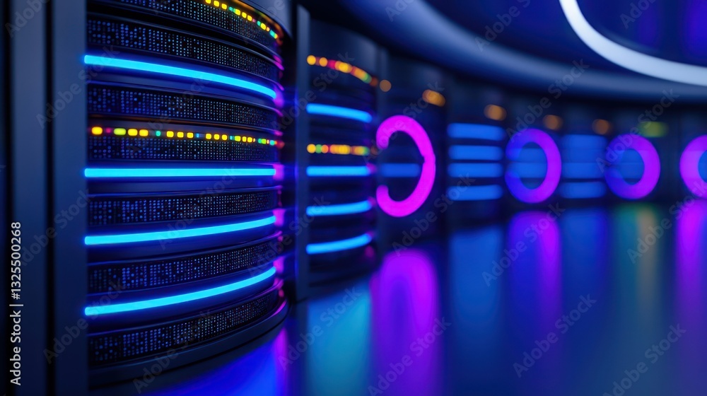 Poster cybernetic data fortress: a mesmerizing perspective showcasing rows of futuristic server racks bathe
