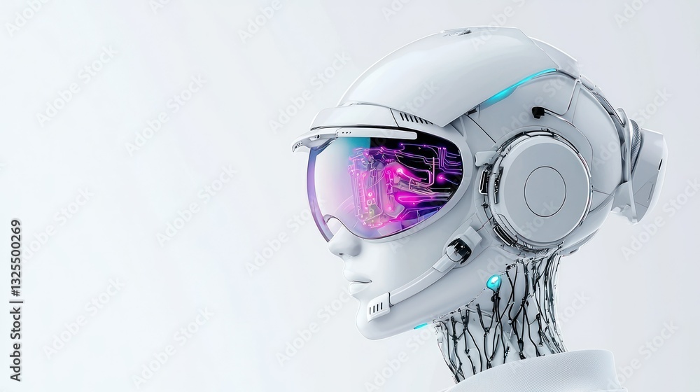 Aufkleber cybernetic visionary: a sleek, futuristic robotic head with a visor that reflects digital data, sugg