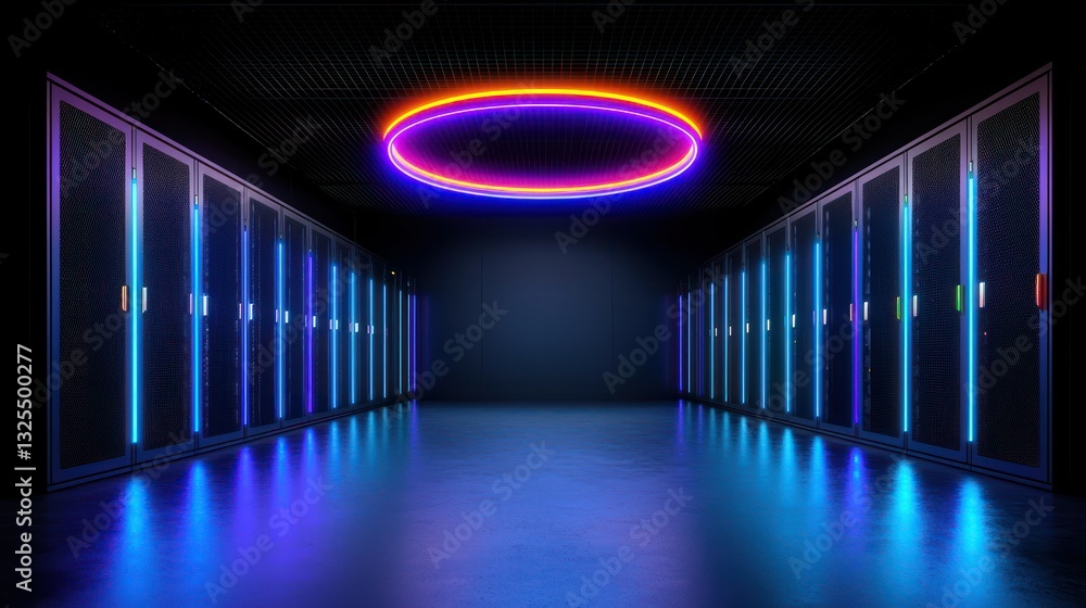 Poster cyber data center: a futuristic data center interior, with rows of server racks bathed in the neon g