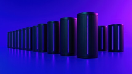 Obraz premium Data Servers: Array of sleek, dark cylindrical data servers arranged in a row on an electric blue-purple backdrop, symbolizing technology, modern data storage, and the digital realm. 