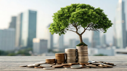 3D illustration of financial growth represented by tree growing from stacks of coins, symbolizing prosperity and investment in modern cityscape