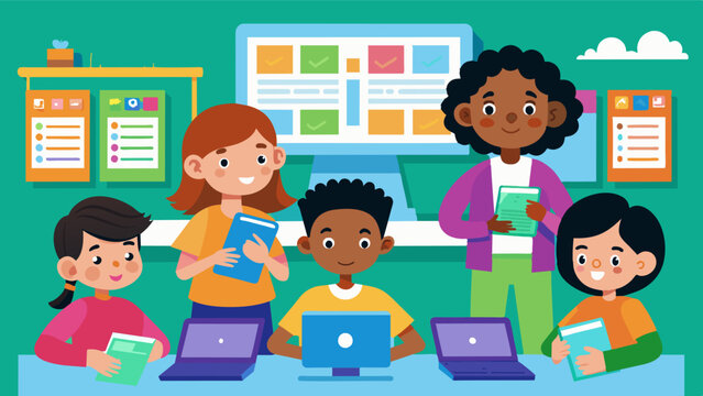 In a brightly colored classroom kids of all ages work in pairs proudly showing off the interactive stories they have created using Scratch.. Vector illustration