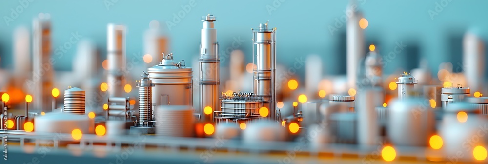 Poster a detailed model of an industrial cityscape featuring illuminated structures, showcasing the complex
