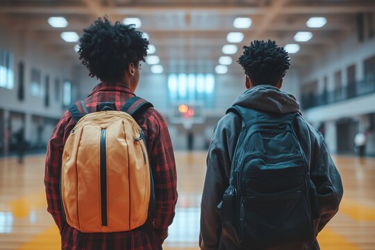 Two male student wearing a backpack in a basketball field looking forward with the back facing towards the camera. The scene evokes a feeling of anticipation, focus, and connection