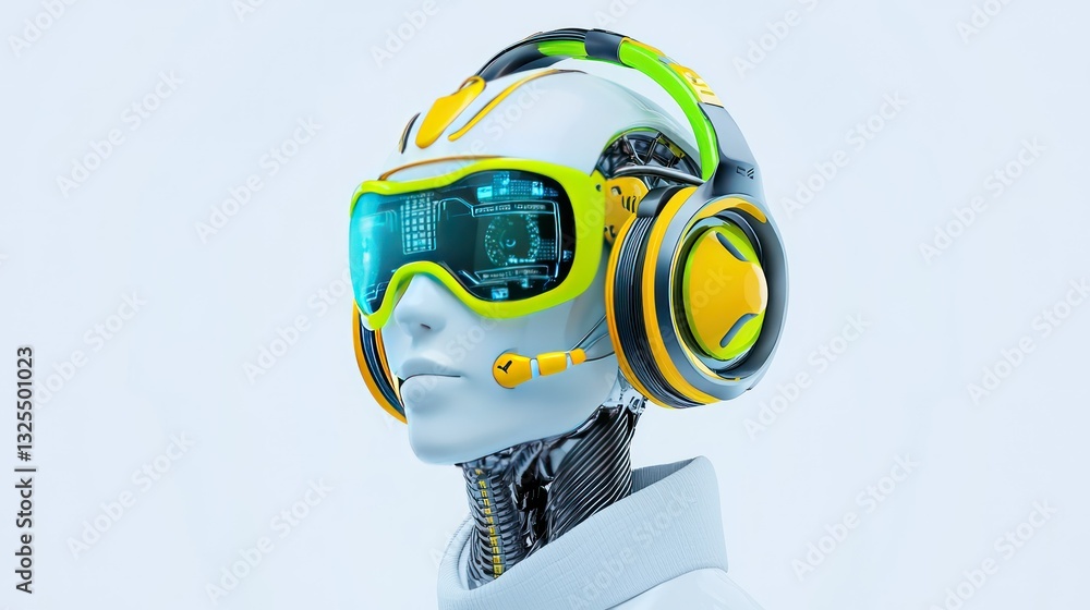Poster futuristic ai pilot: a striking 3d-rendered image of a robotic pilot, clad in a stylish helmet and v