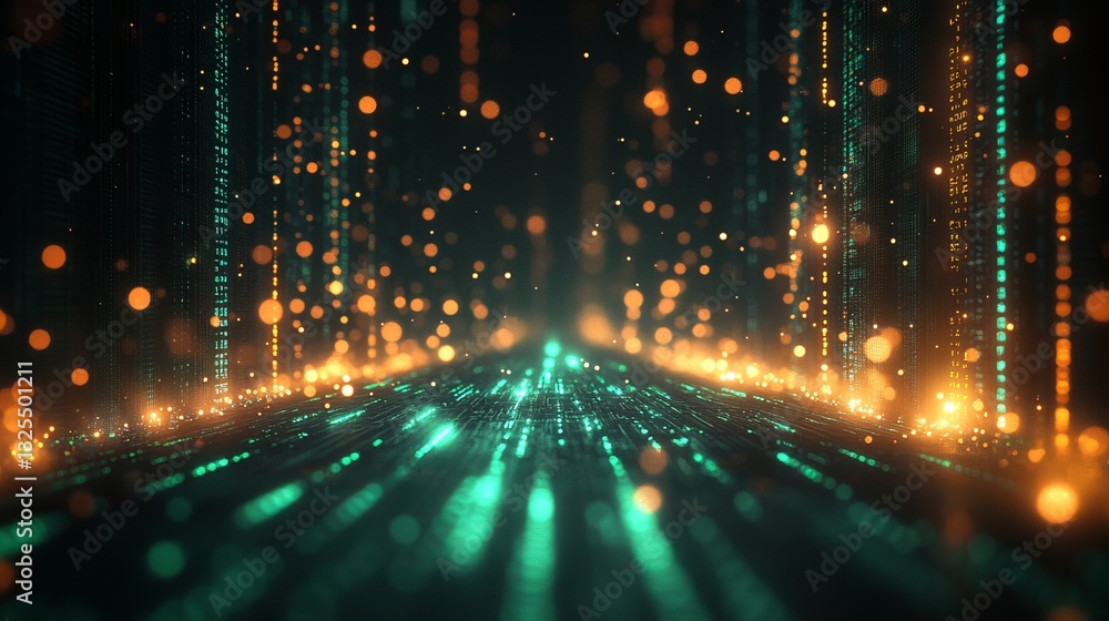 Aufkleber a long green line with orange dots. digital data stream background with glowing binary code and boke