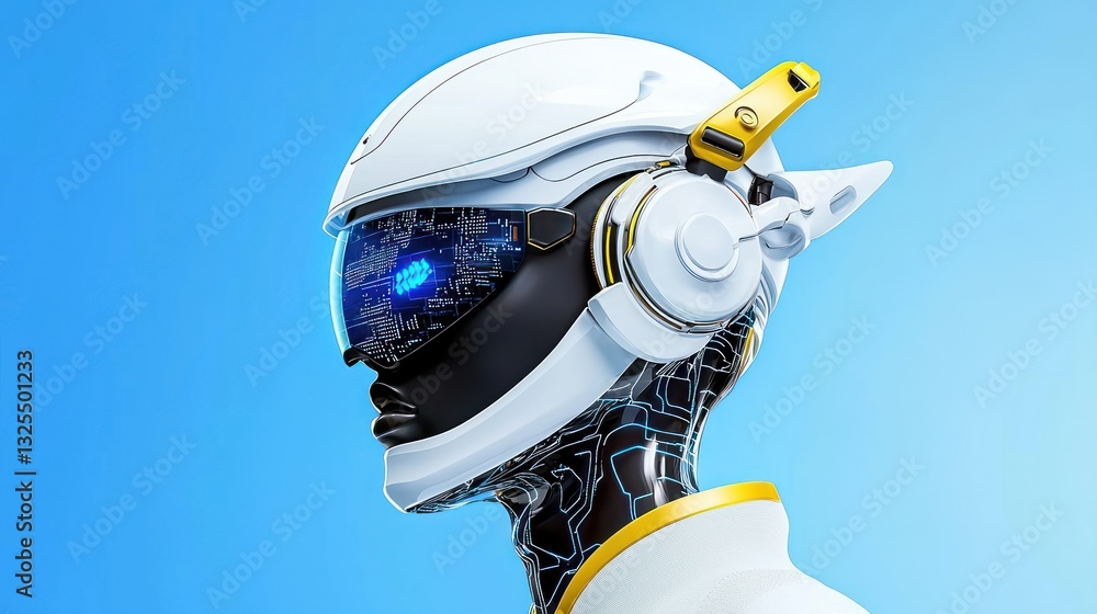 Poster futuristic robotic portrait: a captivating close-up of a futuristic robot's head and shoulder agains