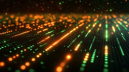 Obraz premium A computer generated image of a green and orange line. Digital data stream background with glowing binary code and bokeh lights. Abstract digital technology wallpaper.