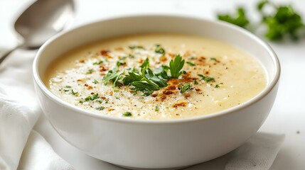 Vegan cauliflower soup on white background