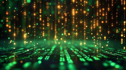 Fototapeta premium A green background with a lot of small glowing dots. Digital data stream background with glowing binary code and bokeh lights. Abstract digital technology wallpaper.