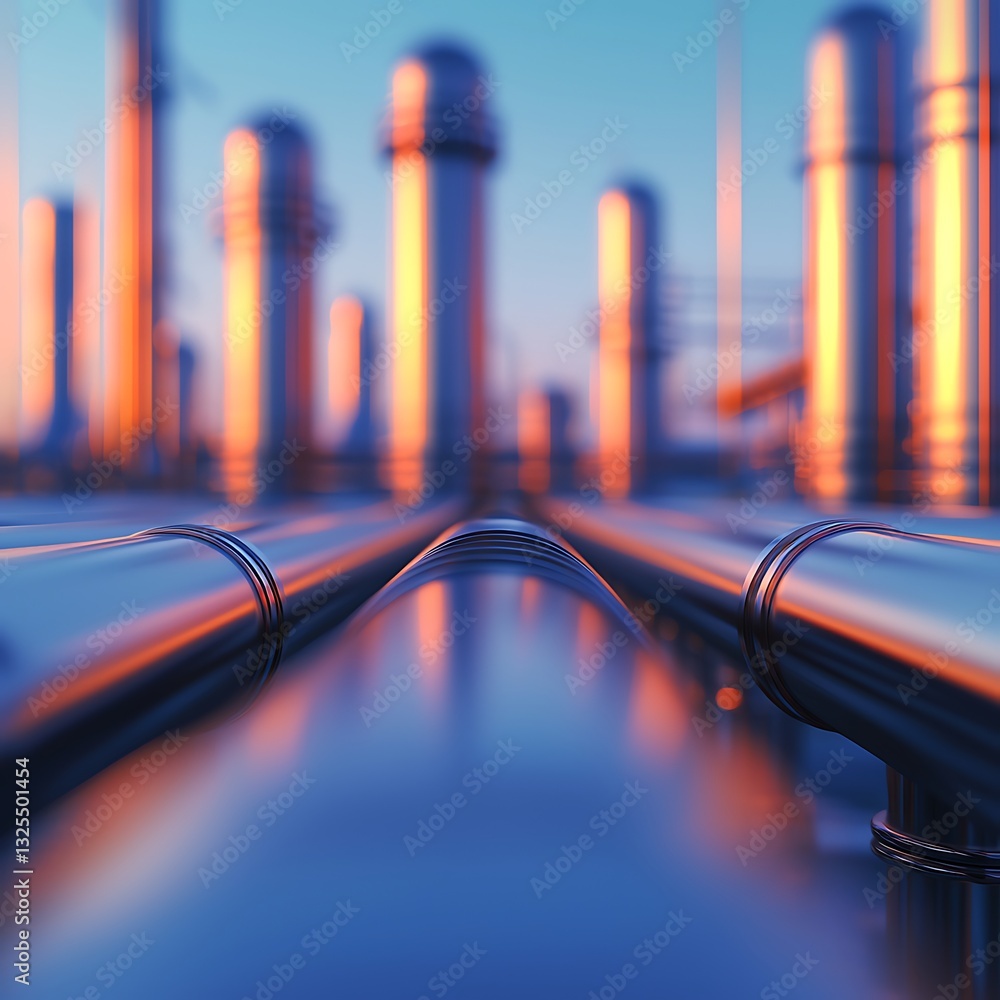 Poster a close-up view of metallic pipes extending towards a backdrop of industrial structures, illuminated