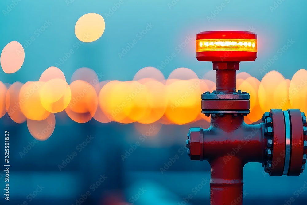 Poster a close-up of a bright red valve with a light, set against a blurred bokeh background, creating a vi
