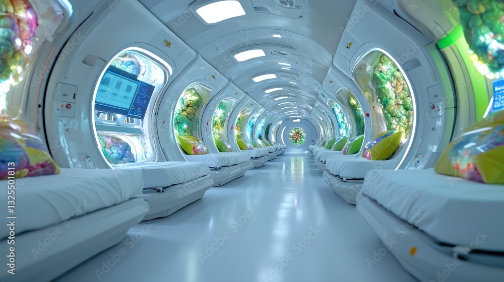 Poster futuristic space habitat: the image captures the interior of a spaceship, showcasing a clean and inn