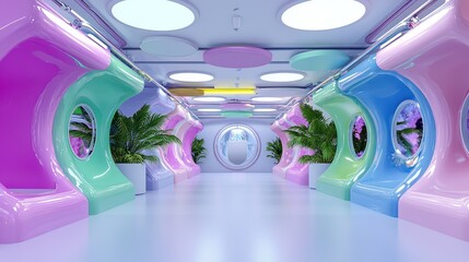 Futuristic Hallway: a mesmerizing perspective of a futuristic hallway with a colorful and playful design, plants adds a touch of nature to the imaginative space.