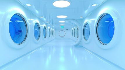 Futuristic Corridor: A mesmerizing image of a modern, sleek corridor bathed in cool, futuristic lighting, featuring unique circular windows that offer intriguing glimpses of the space beyond.