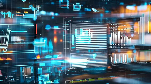 A futuristic digital display featuring shopping carts and dynamic data visualizations, representing e-commerce trends, consumer behavior, and online shopping analytics in a vibrant and high-tech 