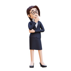 A woman in a suit and glasses is thinking looking up