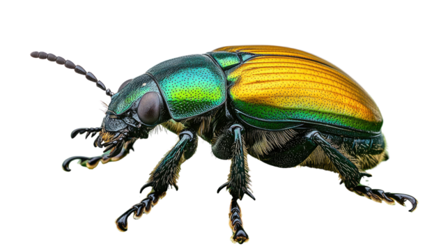 Iridescent Beetle: A close-up, detailed image of a vibrant beetle with an iridescent shell showcases the stunning natural beauty and intricate features of this tiny creature